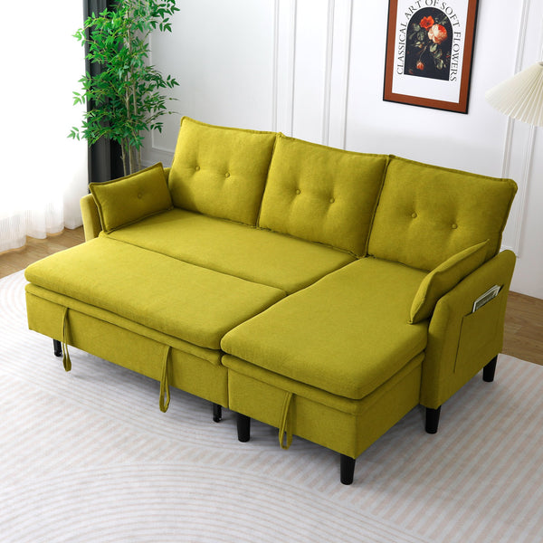 English Elm L-Shaped Reversible Chaise Sectional Sofa with Storage and Fold-Out Bed Cotton-Linen Modern Design Green W3371S00026