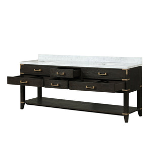 English Elm Black Oak Double Bath Vanity 84 in W x 22 in D with Carrara Marble Top, Solid Wood, Soft-Close Drawers B2731P261069