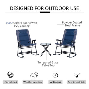 English Elm Outsunny 3-Piece Bistro Patio Furniture Set With Glass Table & 2 Folding Rocking Chairs, Navy Blue W2225P174319-GIGA