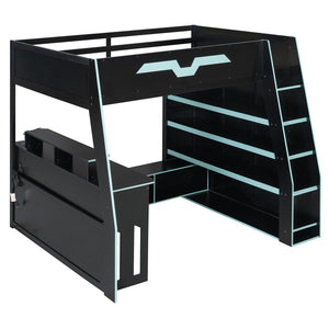 English Elm Full Size Wood Loft Bed with Rgb Lighting Desk and Multi-tier Shelves for Gaming Blue LT000374AAC