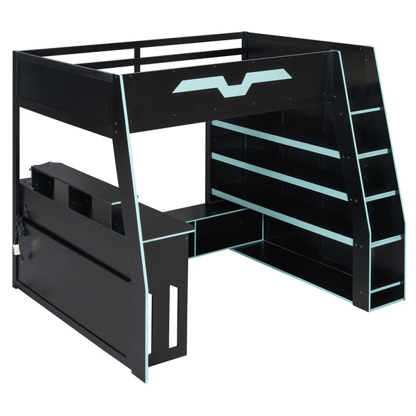 English Elm Full Size Wood Loft Bed with Rgb Lighting Desk and Multi-tier Shelves for Gaming Blue LT000374AAC