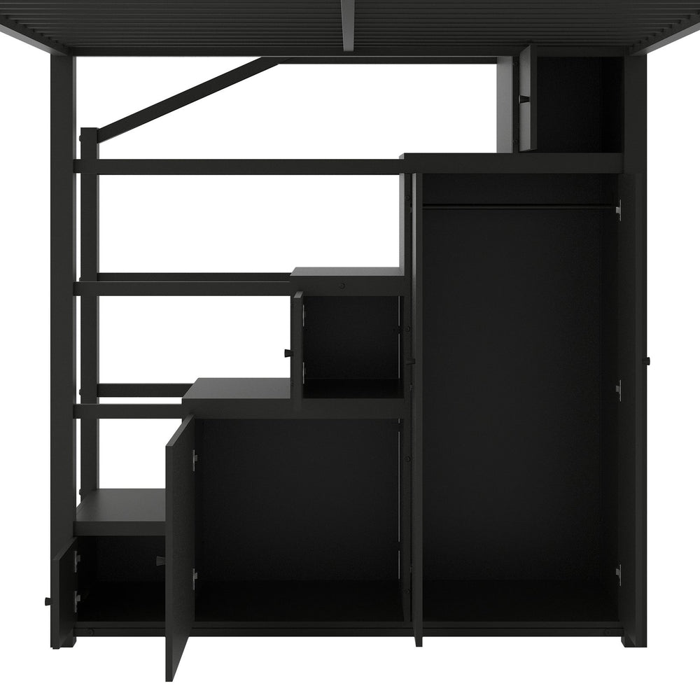 English Elm Full Full Size Metal Loft Bed with Storage Staircase, Shelves, Wardrobe & Guard Rail, Black 70" GX000664AAB