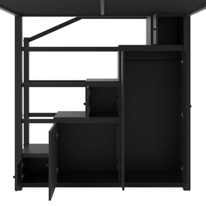 English Elm Full Full Size Metal Loft Bed with Storage Staircase, Shelves, Wardrobe & Guard Rail, Black 70" GX000664AAB