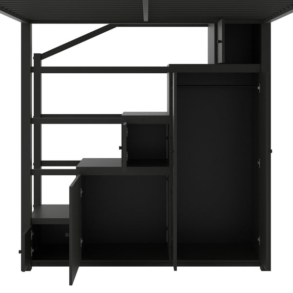 English Elm Full Full Size Metal Loft Bed with Storage Staircase, Shelves, Wardrobe & Guard Rail, Black 70" GX000664AAB