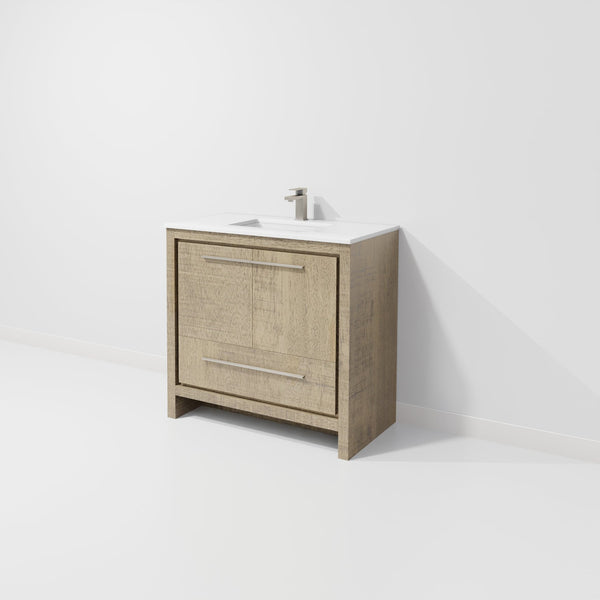 English Elm Lafarre Rustic Acacia 36" Bath Vanity w/ White Quartz Top, Gun Metal Faucet, Soft-Close Storage B2731P337003