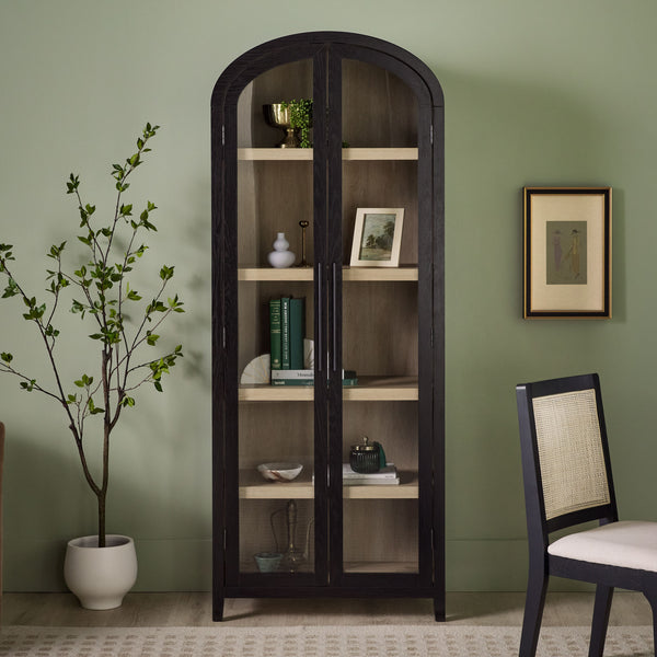 English Elm Walker Edison - Modern 5 Shelf Arched Tall Bookcase with Tempered Glass Doors, MDF Durability, Sleek Metal Handles, Showcase Pieces in Living and Office Spaces Black 72.31 L x 19.01 W x 15 H B185S00024