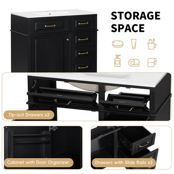 English Elm 36-Inch Bathroom Vanity With Ceramic Sink Top, Adjustable Shelf, And Modern Flip Drawer Design For Storage N725P350849B
