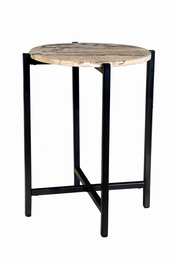 English Elm Marble Side Table With Elegant Brown Top & Sturdy Grey Metal Frame – Perfect For Small Spaces! B346P320738