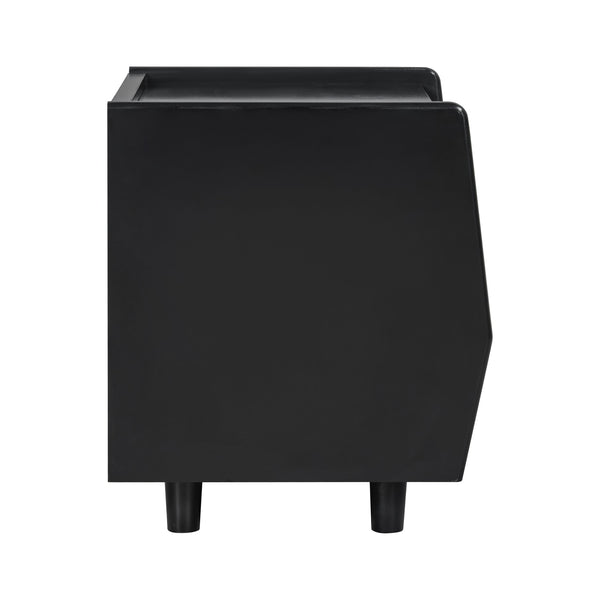 English Elm Black Rattan Panel Nightstand with Open Shelf Drawer Mdf Modern Bedroom Storage N770P374577B