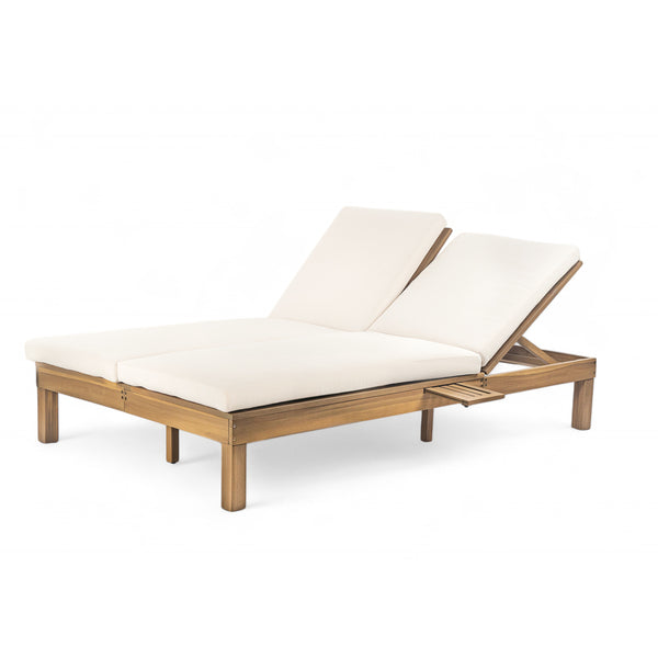 English Elm Trexm Acacia Wood Double Chaise Lounge Outdoor with Folding Trays and Foam Cushions TM000015AAD