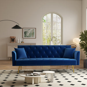 English Elm Modern Tufted Velvet Sleeper Sofa Retro Style Convertible Fold Flat for Compact Spaces Blue W2353P399459