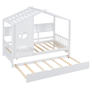 English Elm Wooden Twin House Bed with Trundle and 3 Back Shelves, Pine Frame Playful Loft Design for Kids White 41.7 L x 16.25 W x 6 H N733S316110K