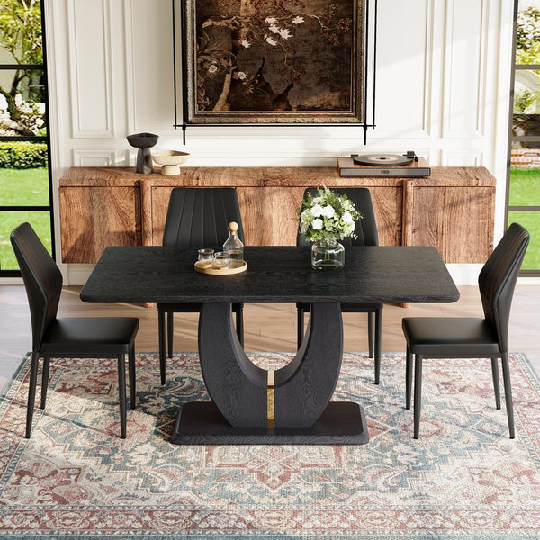 English Elm One 5 Piece Dining Set 63 Inch Table Dark Wood Grain Top with Brown Fabric Chairs Black W1151S04433