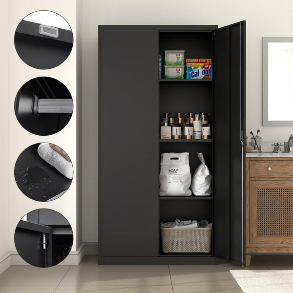 English Elm Black Steel Lockable Wardrobe with Hanging Rod Adjustable Shelves for Organized Storage Black W1247P372607