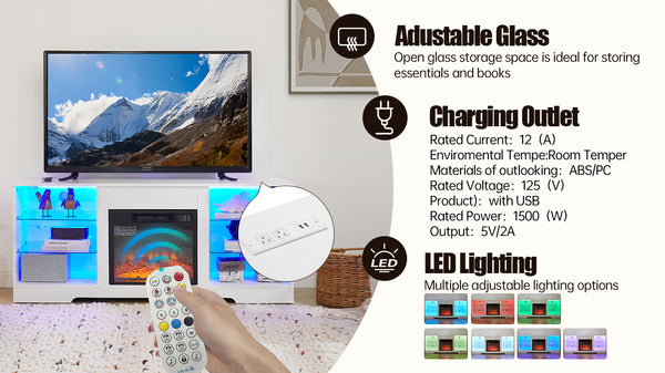 English Elm TV 58" Electric Fireplace TV Stand with 3D Realistic Flame, LED Lights, USB & AC Power Strip, Modern Media Console White W2275P149866