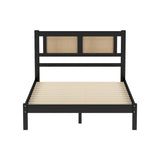 English Elm 3-Pieces Bedroom Sets Full Size Wooden Platform Bed With Natural Rattan Headboard, Nightstands Set Of 2 With Rattan-Woven Surfaces and Three Drawers For Bedroom, Black