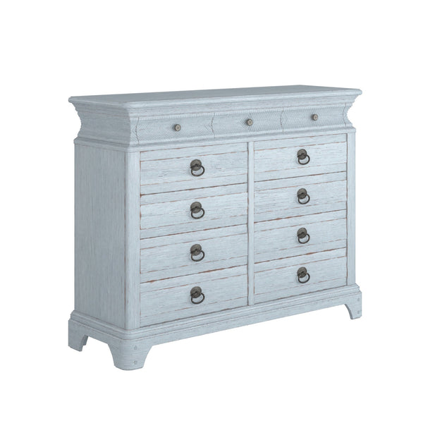 A.R.T. Furniture Summer Light Keeper's Dresser In Shutter Blue - 11 Drawers, Flakey Oak Veneer, Artisan Details & Style Blue Flakey Cathedral Oak Veneer,Parawood Solids 251131-1361
