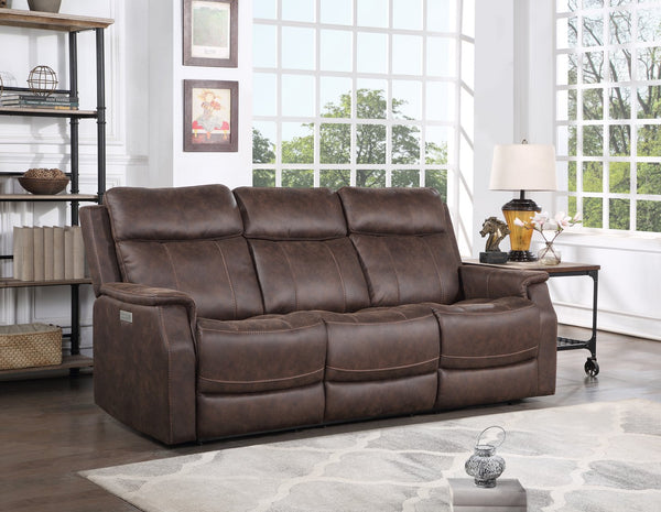 English Elm Steve Silver - Valencia Dual Power Reclining 3-Piece Living Room Set in Dark Brown Faux Leather with Console Storage and Cupholders B081S00311