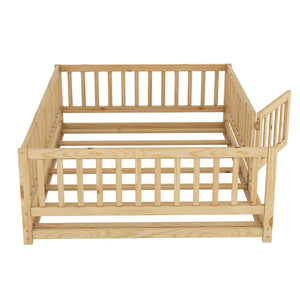 English Elm Full Montessori Floor Bed with Fence and Door, Natural Pine Slatted Full Size Bed, 300lb Capacity, Easy Assemble Oak W1820P369889