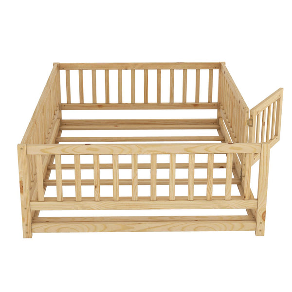 English Elm Full Montessori Floor Bed with Fence and Door, Natural Pine Slatted Full Size Bed, 300lb Capacity, Easy Assemble Oak W1820P369889