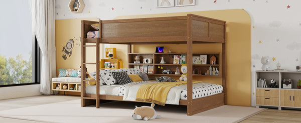 English Elm Queen Over Queen Floor Bunk Bed with Built-In Storage Shelves, USB Charging Station, Solid Pine Frame, Safety Rails and LadderDesigned for Space Saving and Modern Bedrooms Wheat W504S00259