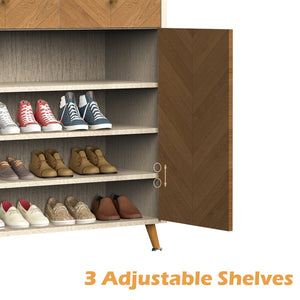 English Elm Shoe Cabinet 4-Tier with 2 Drawers and Doors, Herringbone MDF Top, Adjustable Shelves for Entryway Oak W3383P361253