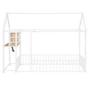 English Elm Twin House Bed Frame with Roof & Fence, Metal Twin Loft with Built-In Desk Shelves USB Outlets White N737P173490K