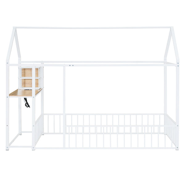 English Elm Twin House Bed Frame with Roof & Fence, Metal Twin Loft with Built-In Desk Shelves USB Outlets White N737P173490K
