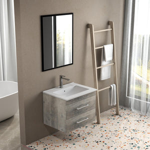 English Elm 32-Inch Modern Grey Wood Grain Wall-Mounted Bathroom Vanity With Soft-Close Drawers & Sink W3151S00006