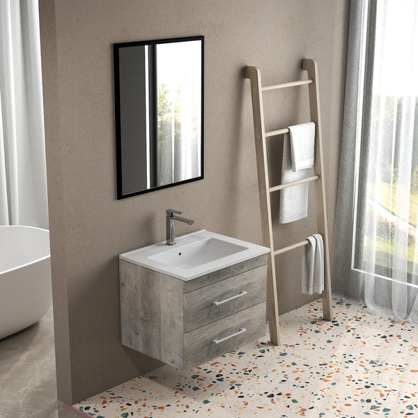 English Elm 32-Inch Modern Grey Wood Grain Wall-Mounted Bathroom Vanity With Soft-Close Drawers & Sink W3151S00006