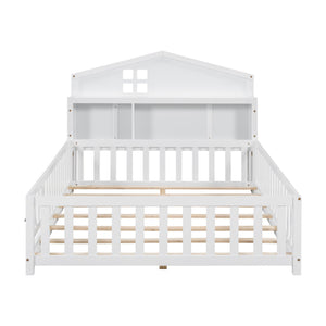 English Elm Full-size Montessori Floor Bed with Built-In Bookcase and Chalkboard, Space-Saving Solid Wood Platform for Kids White 56.3 L x 17.32 W x 5.31 H W1716S00012