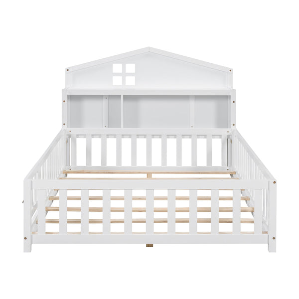 English Elm Full-size Montessori Floor Bed with Built-In Bookcase and Chalkboard, Space-Saving Solid Wood Platform for Kids White 56.3 L x 17.32 W x 5.31 H W1716S00012