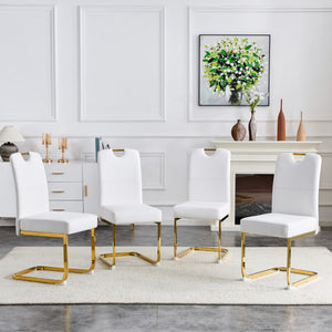 English Elm Modern Cantilever Gold Frame Pu Leather Dining Chairs Glam Set of Four White W3875P372993
