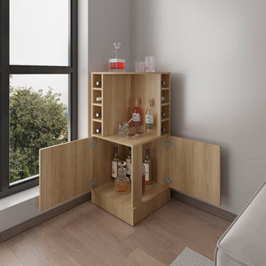 English Elm Bar Cabinet with Concealed Double Doors and 8 Wine Bottle Slots, Durable Engineered Wood Storage Solution Natural Wood 47.2 L x 23.23 W x 4.72 H B097P296835