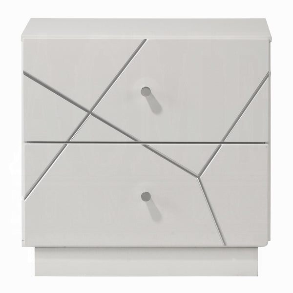 English Elm Ultra White High-Gloss Nightstand with 2 Soft-Glide Drawers, Embossed Lines & Silver Knobs, 23"W x23"H B2741P408964