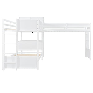 English Elm Twin L-shaped Bunk Bed Pine Wood Corner Design with Desk Drawers and Usb Charging White N820S00079K