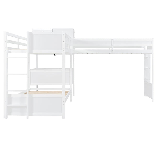 English Elm Twin L-shaped Bunk Bed Pine Wood Corner Design with Desk Drawers and Usb Charging White N820S00079K