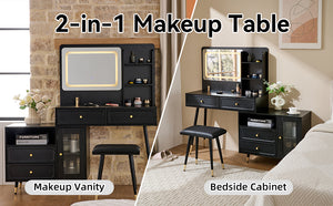 English Elm Modern Makeup Vanity Desk with LED 3-Color Mirror, Built-In Power Station, Sliding Cabinet, Stool Black N844P288432B