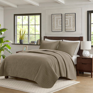 JLA Home Hampton Hill - 3 Oversized Quilted Velvet-Feel Quilt Set with Extra Loft, Herringbone Texture, Machine Washable Elegance Taupe FB13-1148