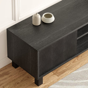 English Elm Modern Low Profile Media Console with Open Shelving and Concealed Cabinet Storage Black T3623P435424