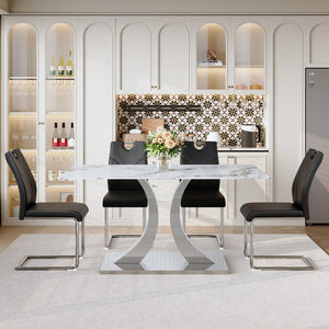 English Elm Switchable Base Glass Top Dining Set with Four U-shaped Armchairs for Modern Spaces W2920S00083