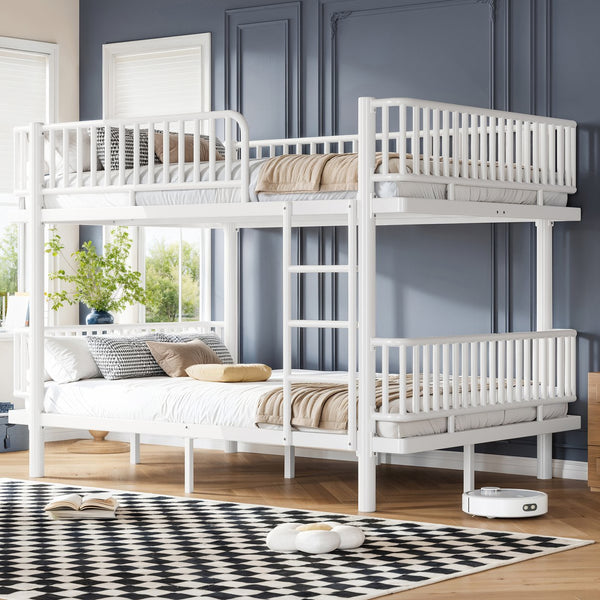 English Elm Queen Over Metal Bunk Bed Convertible Platform Frame with Safety Guardrails Light White W5305S00064