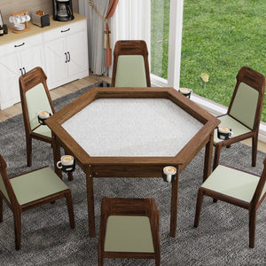 English Elm Board Game Table Hexagonal Dining Surface Removable Top Solid Pine Legs Seats Six W1120S00003