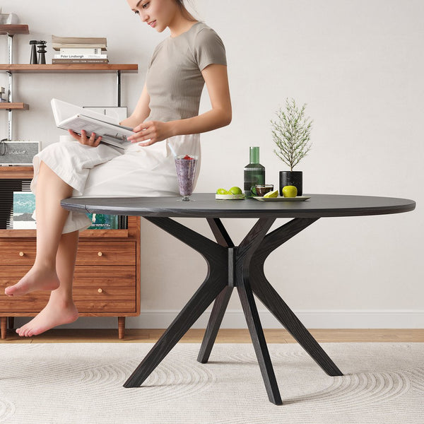 English Elm 47" Round Wood Dining Table Seats Six with Industrial Metal Base for Modern Homes Black T3623P437345