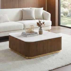 English Elm 1pc Square Genuine Marble Top Cocktail Table Fluted Plinth Base Gold Stainless Accents B2741P476071