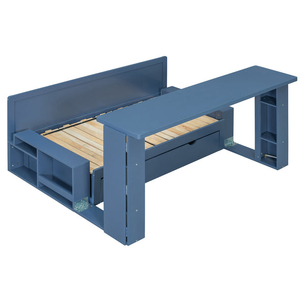 English Elm Full Size Daybed with Hydraulic Desk Armrests Storage Drawer and Sofa Seating Blue LT000271AAC