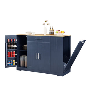 English Elm 53'' Kitchen Storage Islands with Drawers and Trash Can Storage, Modern Farmhouse Design, 53.2"W x 20.9"D x 38.0"H Navy Blue W1820P281266