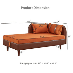 English Elm 65" Velvet Storage Chaise Lounge with Pu Leather Panels Eucalyptus Frame Accent Seat Orange+Dark Brown W1097P434116