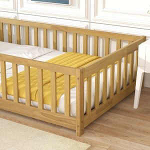 English Elm Twin Size Rubberwood Floor Bed with Safety Fence for Toddler Rooms Natural Finish W504P370531