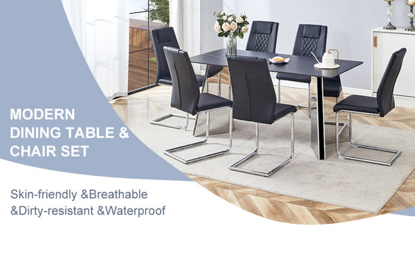 English Elm Table Set With Black Marble Top & Stainless Steel Legs – 6 Pu Chairs For Elegant Dining Spaces W1151S01960-GIGA